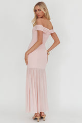 Off Shoulder Sheer Hem Maxi Dress