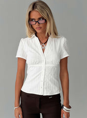 White Button Up Top Classic Collar V Neck