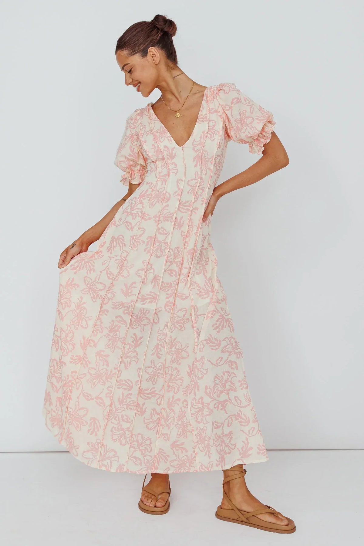Pintuck Pleat Puff Sleeve Maxi Dress