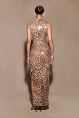 Sequin Midi Dress Leopard Print Evening Glamour