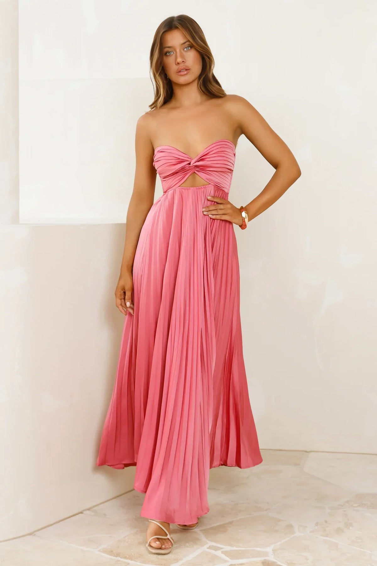 Strapless Satin Pleated Maxi Dress