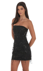 Strapless Sequin Fringe Dress Black Mini