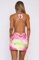 Tropical Floral Mini Dress Backless Cowl Neck