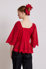 Red Blouse With Bow And Broderie