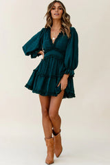 Forest Green Cutout Back Balloon Sleeve Dress