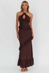 Chocolate Maxi Dress with Smocked Frill Trim