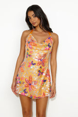 Sequin Mini Dress Orange Sparkle Halterneck