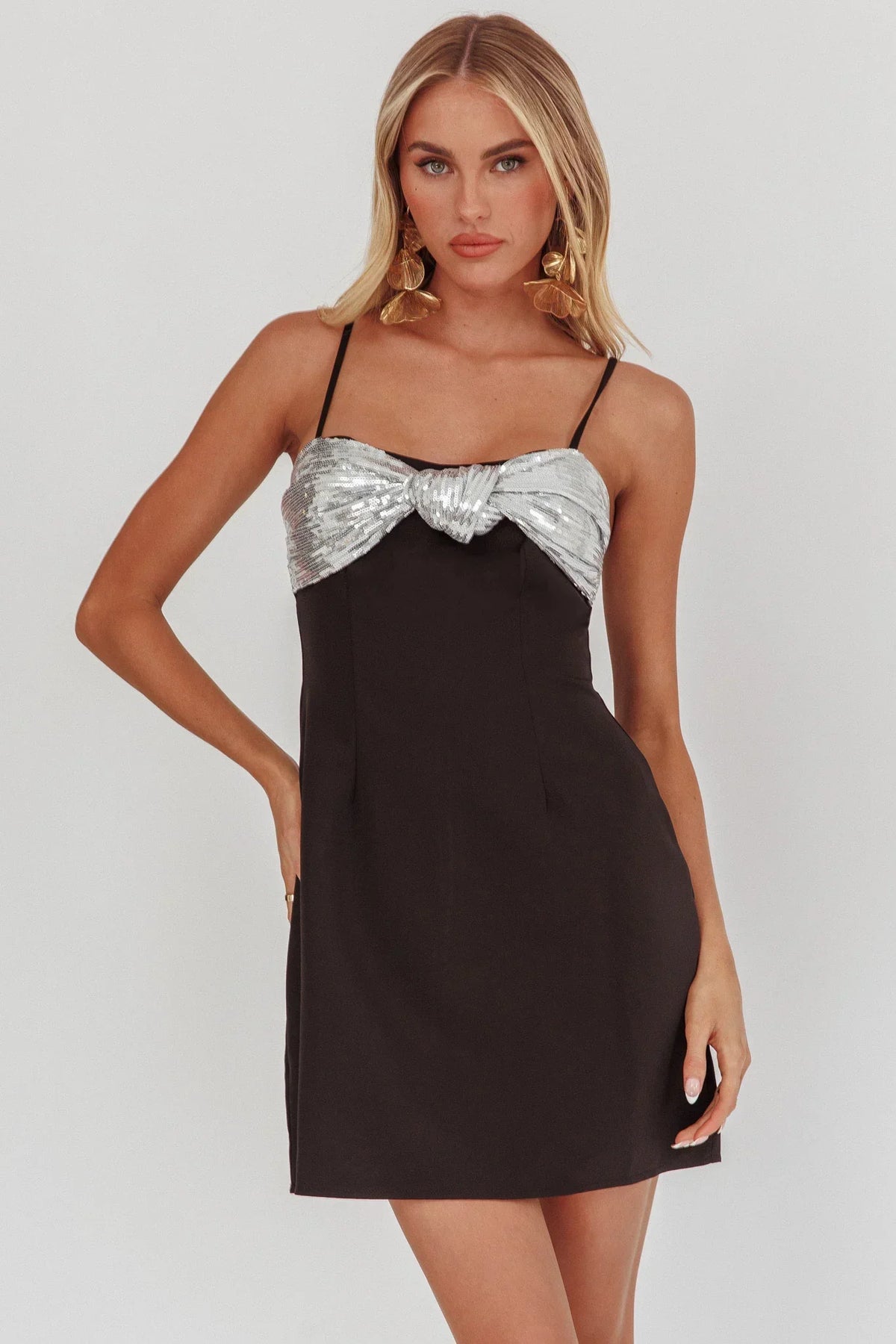 Sequin Twist Mini Dress Black Silver Sparkle