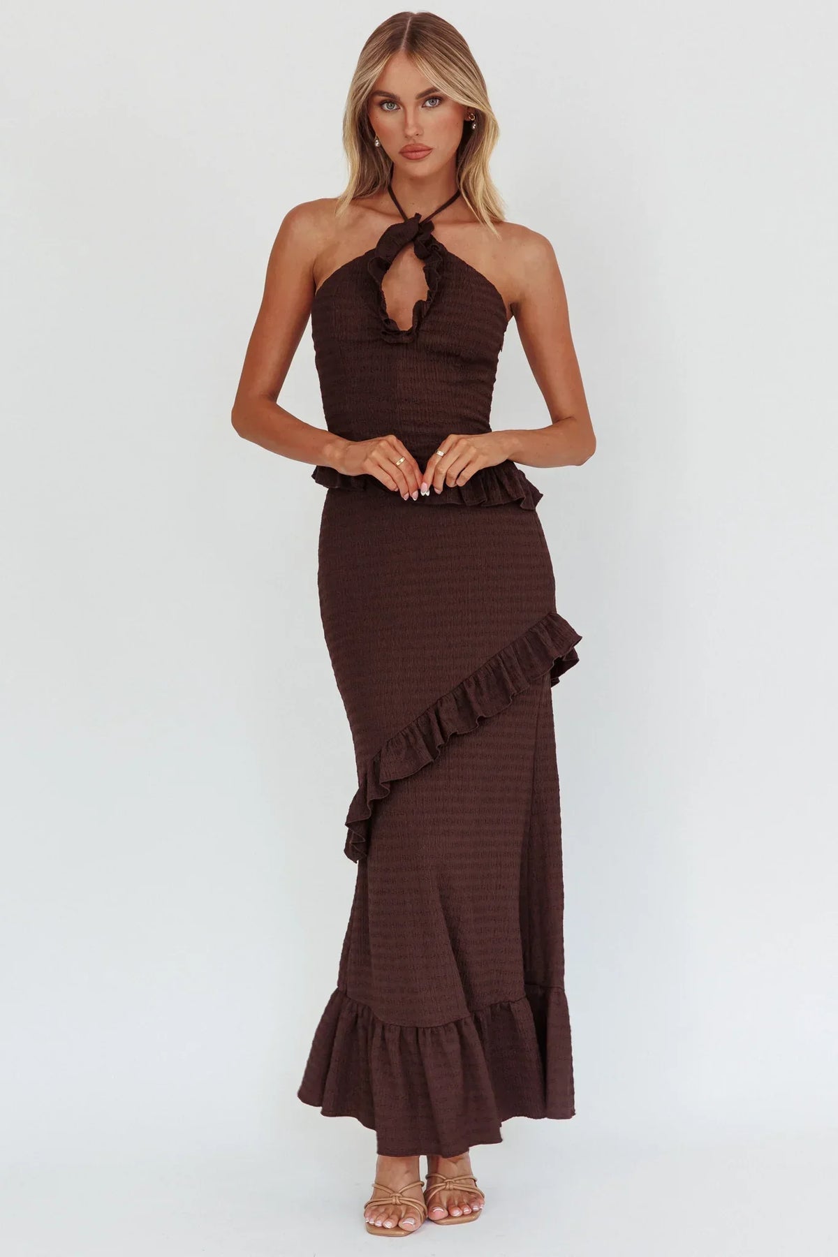 Chocolate Maxi Dress with Smocked Frill Trim