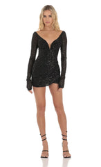 Sequin V Neck Long Sleeve Mini Dress