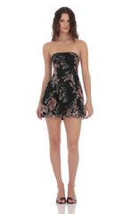 Sequin Floral Strapless Dress in Black