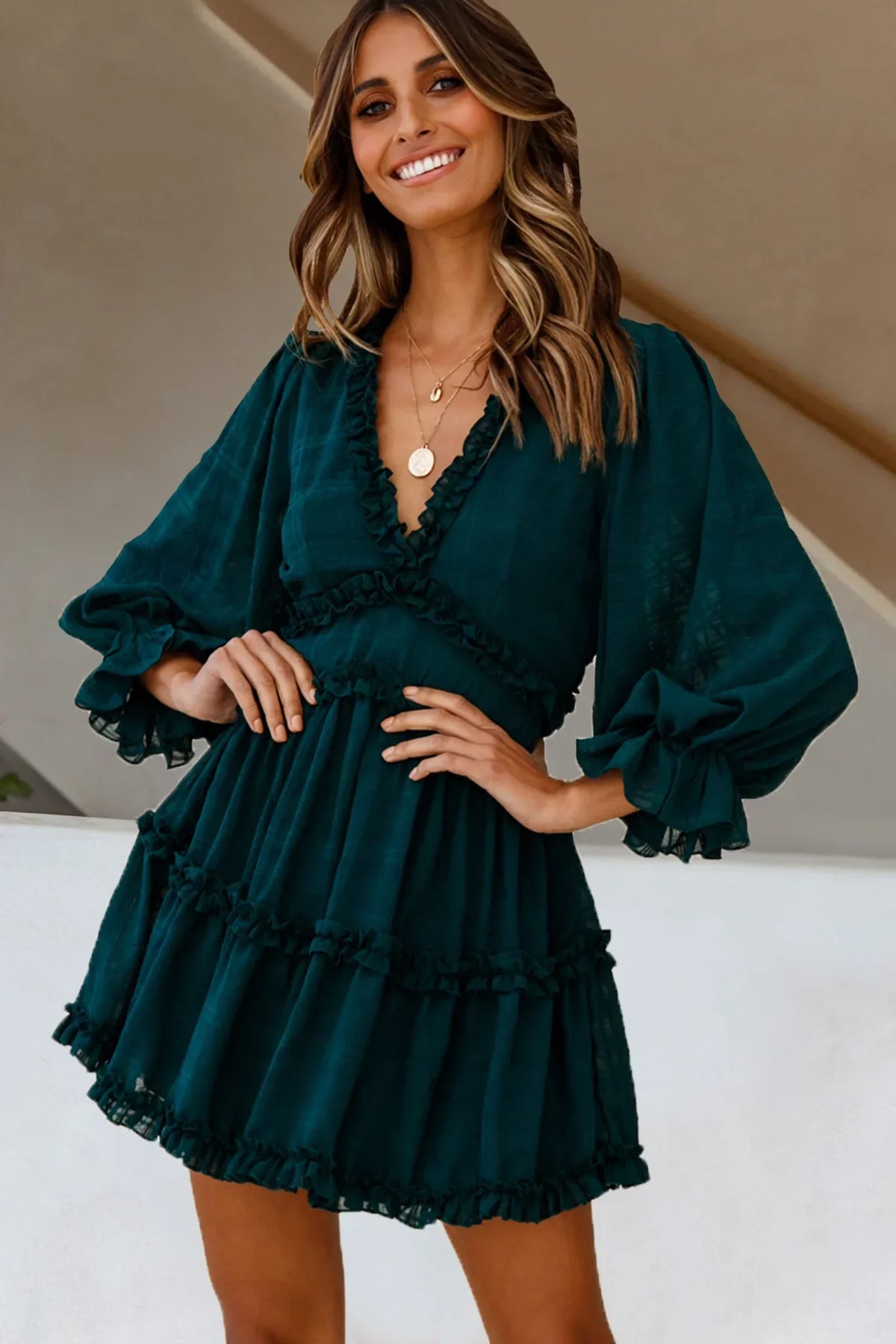 Forest Green Cutout Back Balloon Sleeve Dress