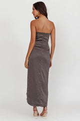 Strapless Lace Trim Midi Dress Charcoal Evening Gown