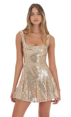 Sequin Skater Dress Gold Sparkle Party Mini