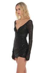 Sequin V Neck Long Sleeve Mini Dress