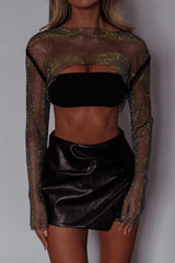 Fishnet Crop Top Black Rhinestone Mesh
