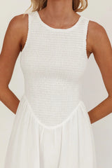 Shirred Bodice Midi Dress White Lace Inserts