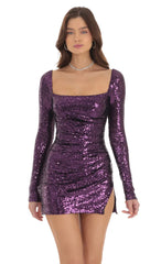 Sequin Long Sleeve Bodycon Dress in Purple
