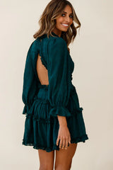 Forest Green Cutout Back Balloon Sleeve Dress