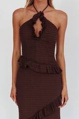 Chocolate Maxi Dress with Smocked Frill Trim