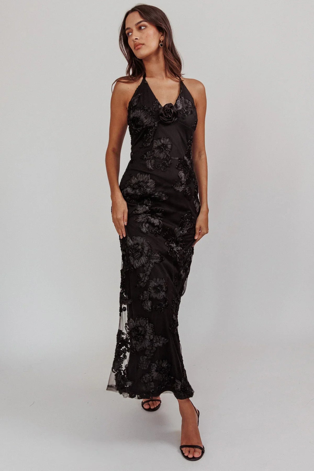 Rosette Ribbon Embellished Maxi Dress