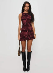Paisley Mini Dress Burgundy Romance