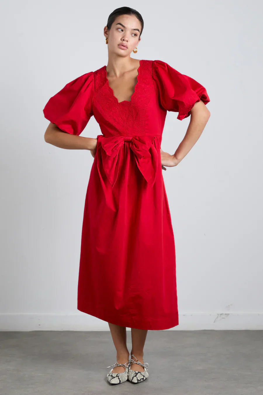 Aria Bow Embroidered Midi Dress