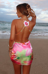 Tropical Floral Mini Dress Backless Cowl Neck