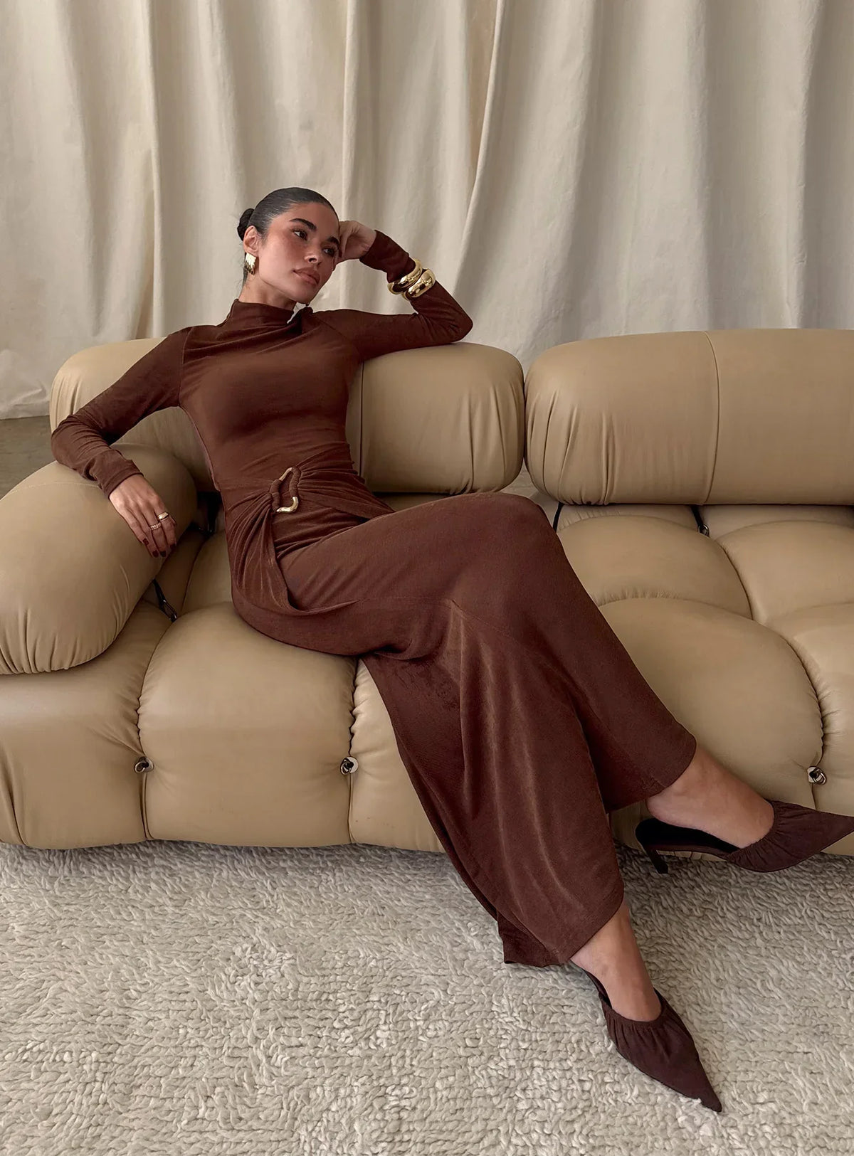 Ruched Maxi Dress Long Sleeve Wrap Waist