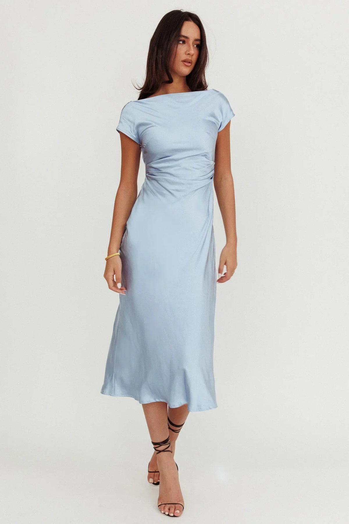Cap Sleeve Cowl Back Midi Dress in Baby Blue