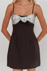 Sequin Twist Mini Dress Black Silver Sparkle