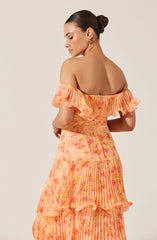 Pleated Tiered Maxi Dress Off Shoulder Ruffle Detail