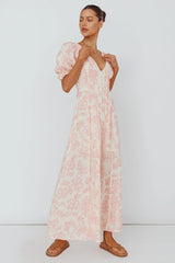 Pintuck Pleat Puff Sleeve Maxi Dress