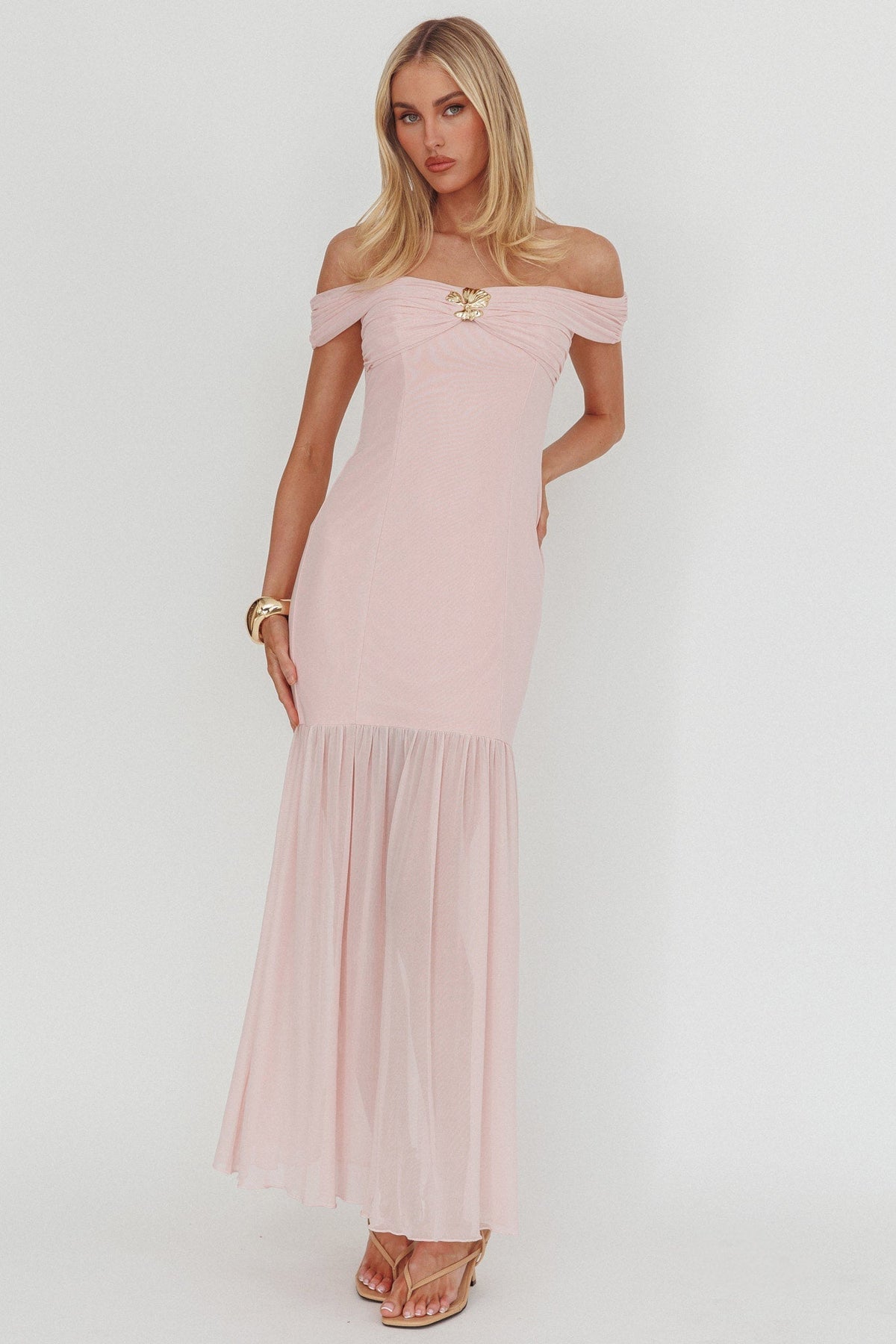 Off Shoulder Sheer Hem Maxi Dress