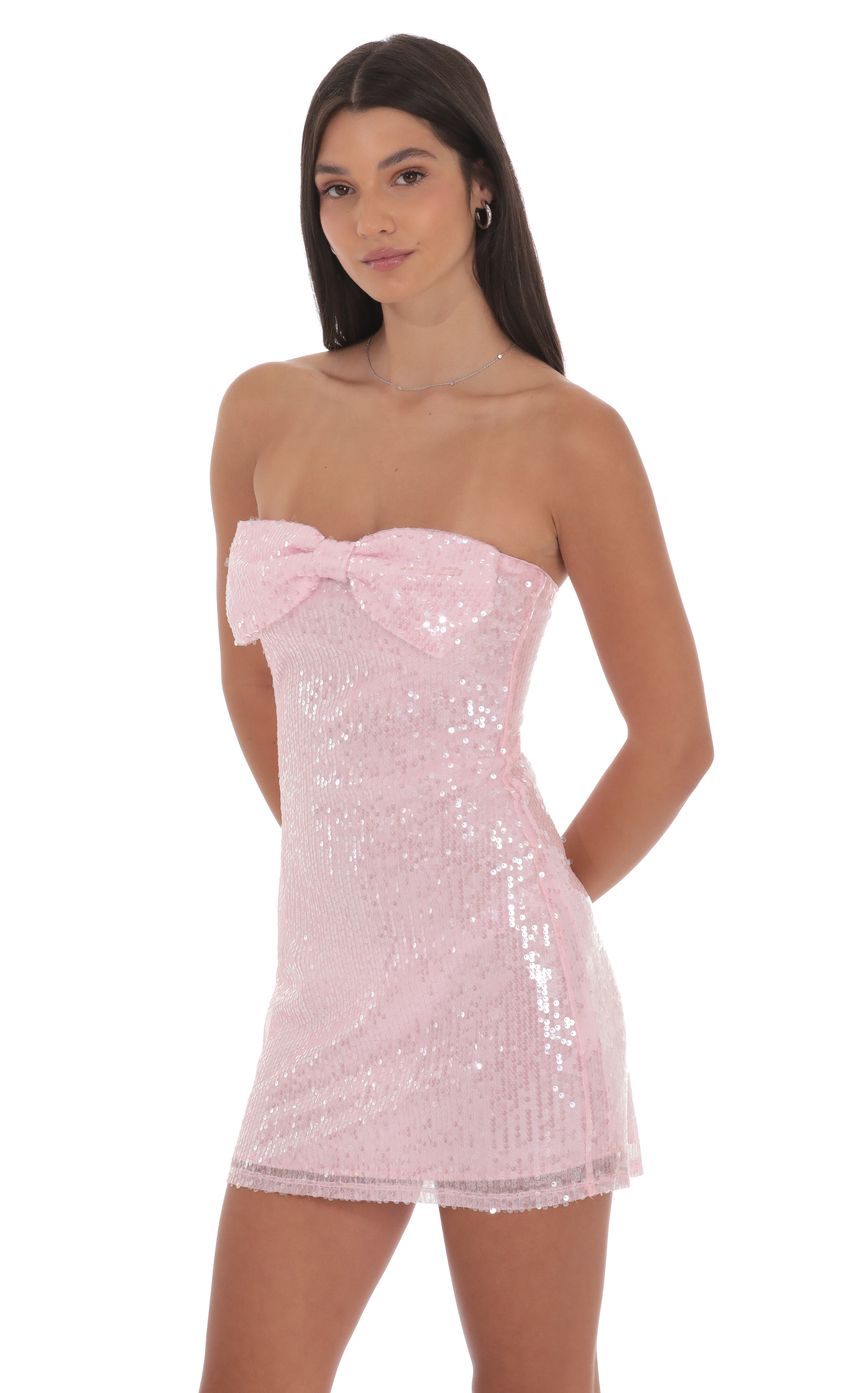 Pink Sequin Bow Strapless Mini Dress