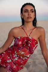 Rosette Mini Dress Halter Neckline Ruched Detail