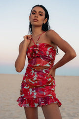 Rosette Mini Dress Halter Neckline Ruched Detail