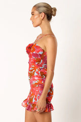 Rosette Mini Dress Halter Neckline Ruched Detail